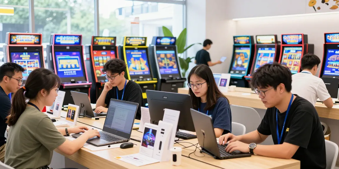 Excited shoppers discovering the latest slot gaming products in a vibrant retail space.