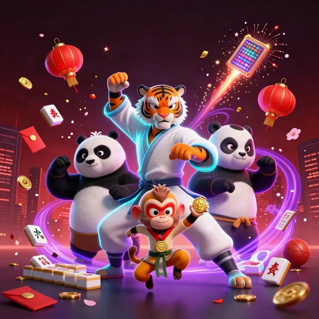 Tiger, panda, and monkey in neon casino key art with lanterns, coins, and fireworks.