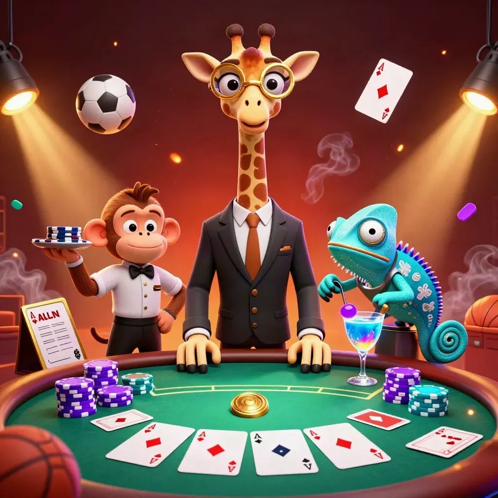 Giraffe, monkey, and chameleon at a glowing poker table with chips, cards, and neon casino lights.
