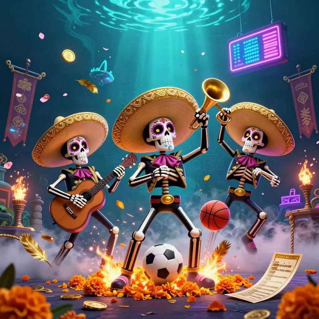 Skeleton mariachi trio with soccer ball and basketball in neon casino fantasy.