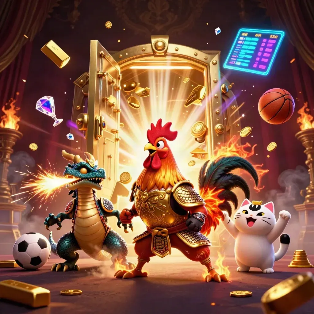 Rooster warrior, dragon hatchling, fortune cat, vault gold, balls and neon sparks in casino glow