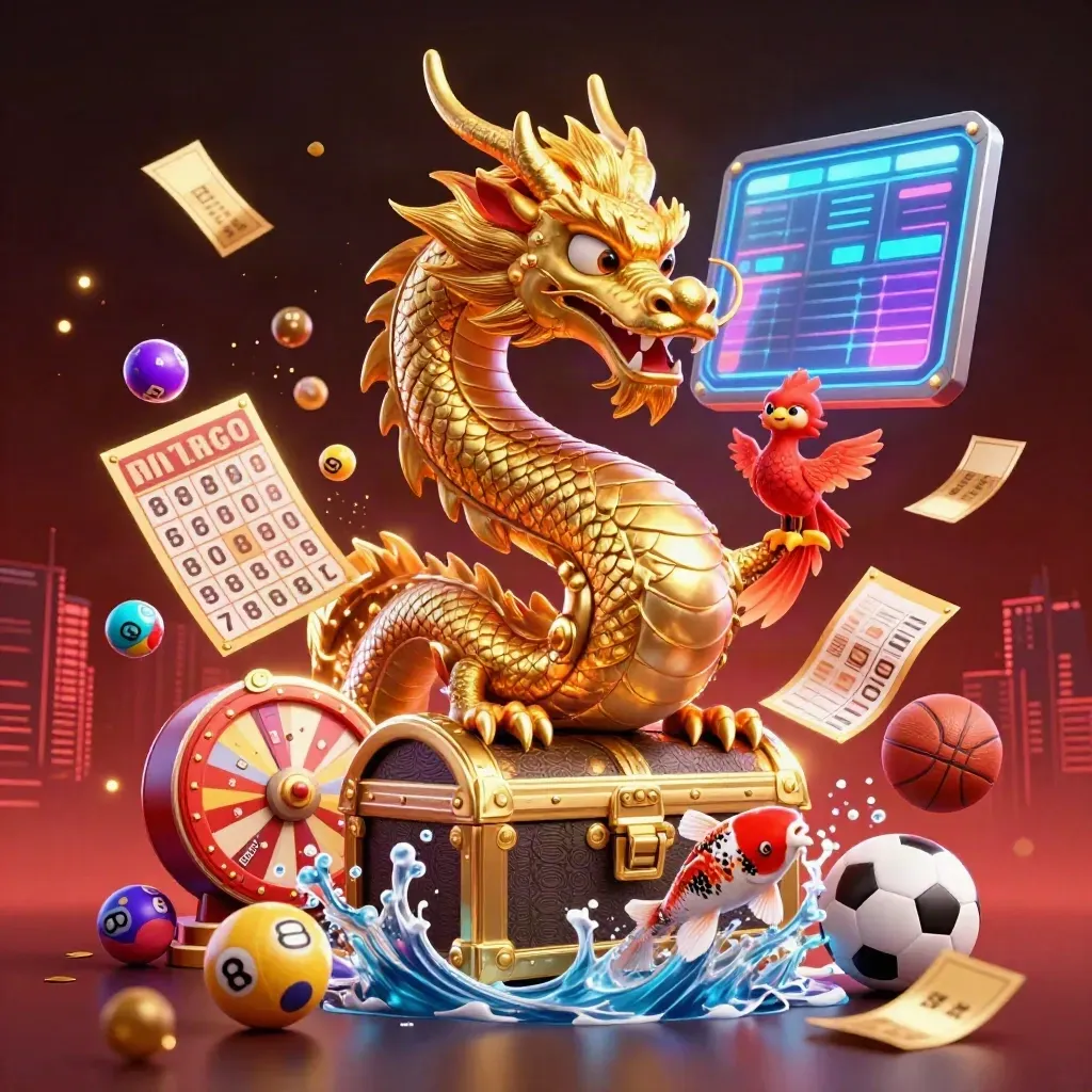 Golden dragon with phoenix and koi amid casino balls, tickets, wheel, and neon light.