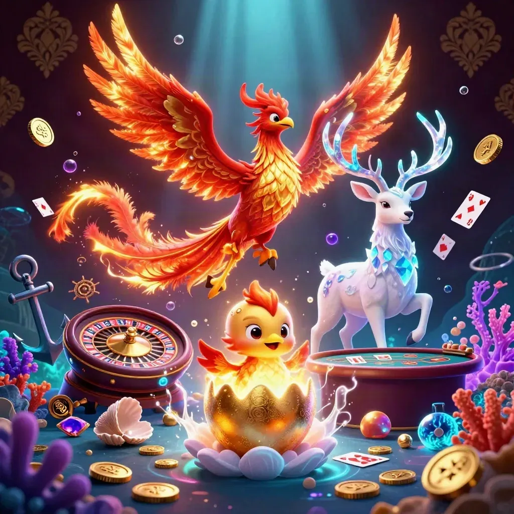Phoenixes and a crystal stag amid casino-luxe treasure, bubbles, coins, coral, and chandelier glow.