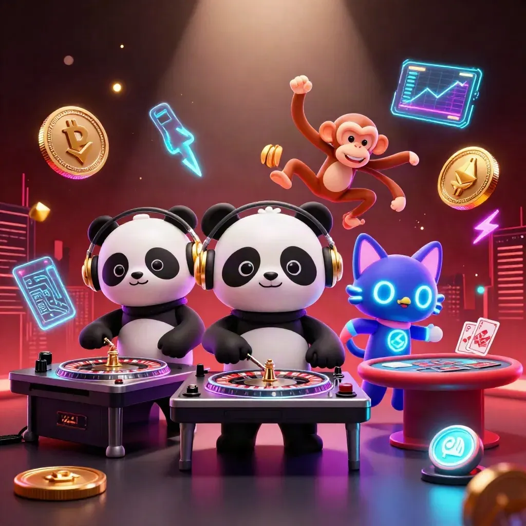 Panda DJ, breakdancing monkey, and rave kitten amid casino glow, crypto sparks, and neon skyline