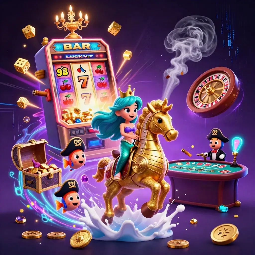 Mermaid princess on armored seahorse, pirate fish, slot burst, dice, treasure, neon casino fantasy