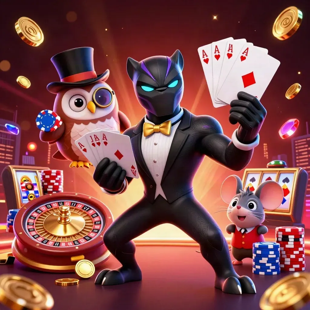 Black panther, owl, and mouse gambling amid coins, gems, cards, chips, and roulette glow.