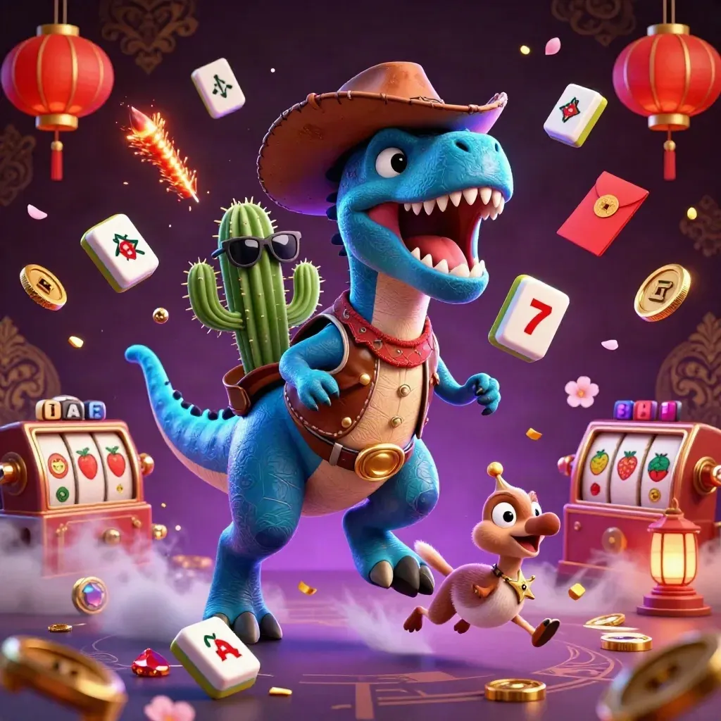 Cowboy T-Rex, cactus sidekick, and roadrunner amid neon casino treasure and floating tiles.