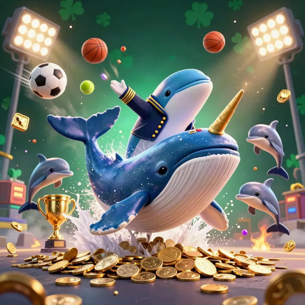 Captain whale, narwhal, and dolphins burst through coins with cyan casino lights