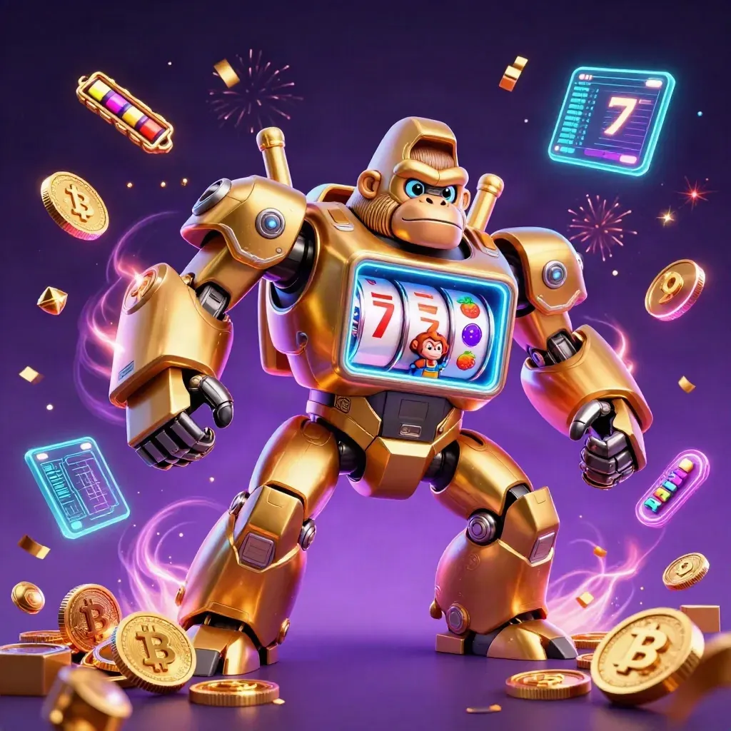 Golden gorilla mech with tiny monkey pilot, cyan crypto effects, purple starfield, casino treasure burst