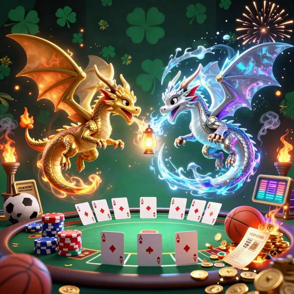 Gold and silver dragons swirl amid poker chips, coins, fireworks, and a vault burst.