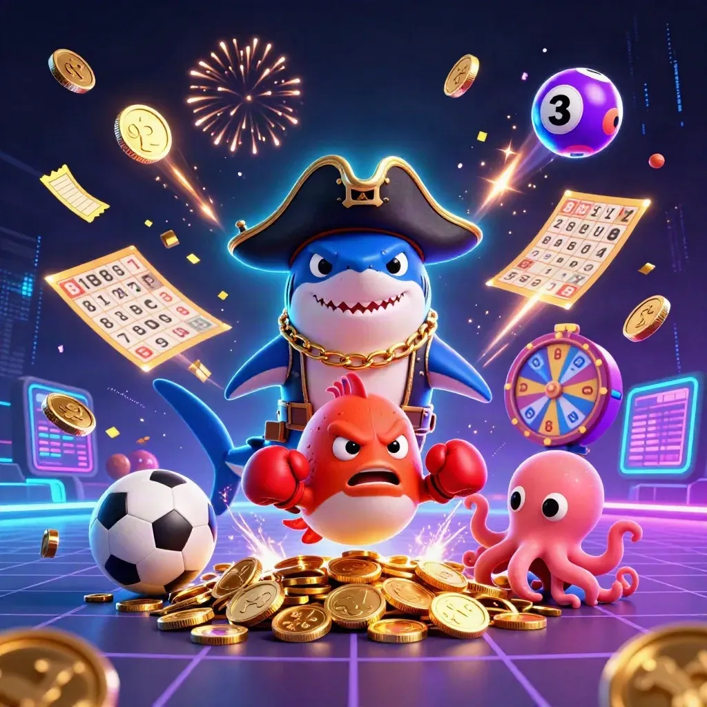 Pirate shark, boxing pufferfish, and juggling octopus amid coins, fireworks, and neon casino effects.