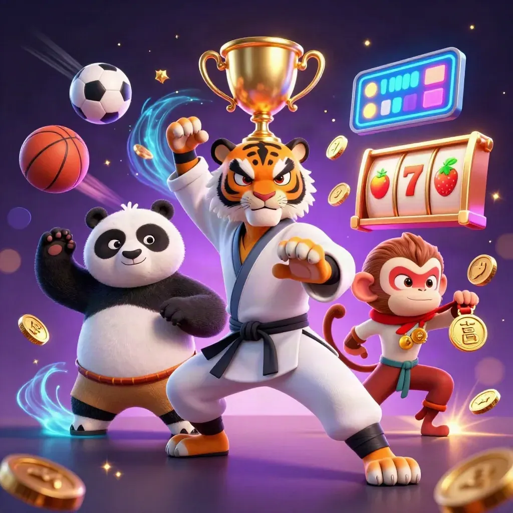 Tiger master, panda disciple, and monkey student amid casino-style game energy and gold effects.
