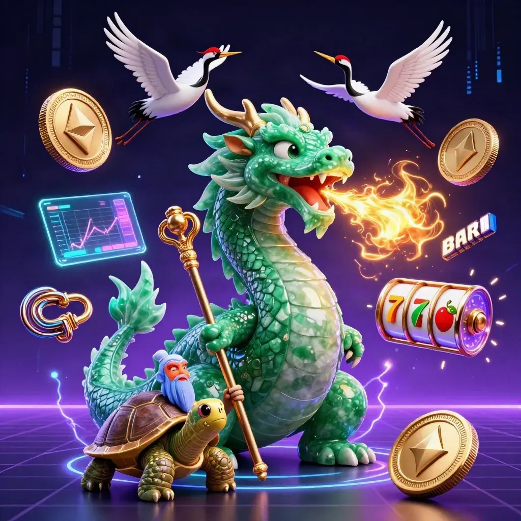 Emerald dragon, turtle sage, and ribbon cranes amid neon crypto coins and casino effects.