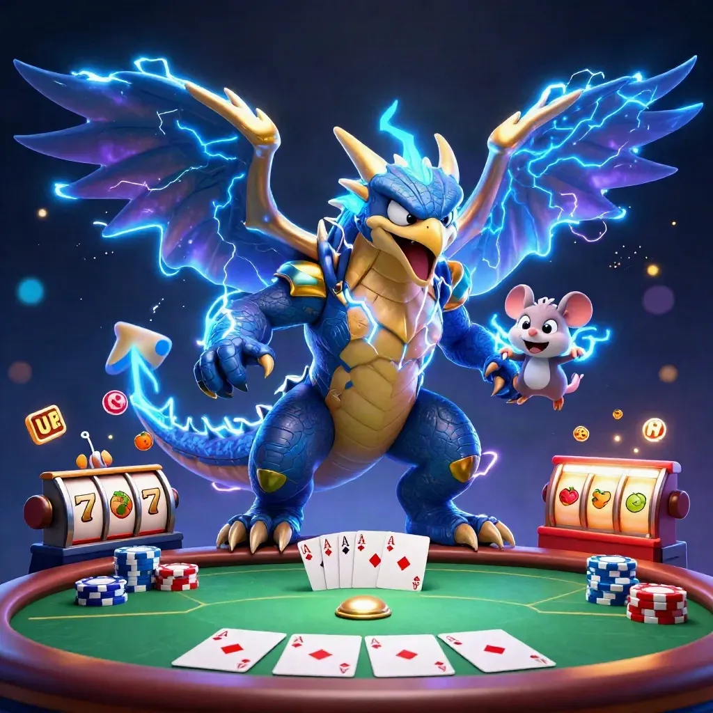 Thunder dragon, wind hawk, and sparking mouse over poker chips and glowing casino reels