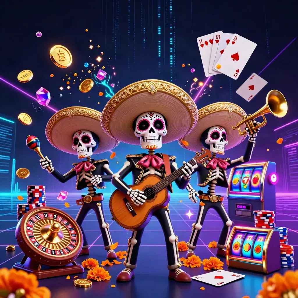 Three skeleton mariachi players amid coins, cards, chips, roulette, and neon casino effects.