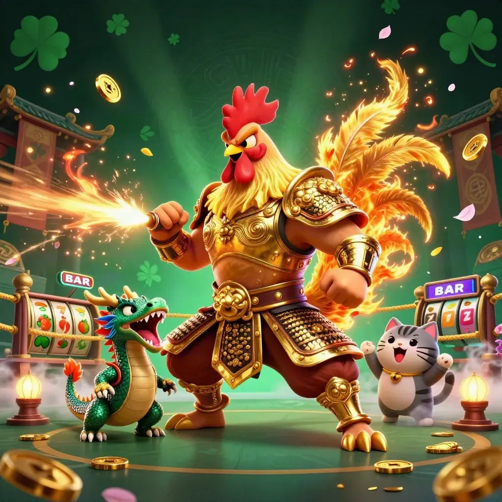 Rooster warrior, dragon hatchling, and fortune cat amid sparks, coins, runes, and temple gates.